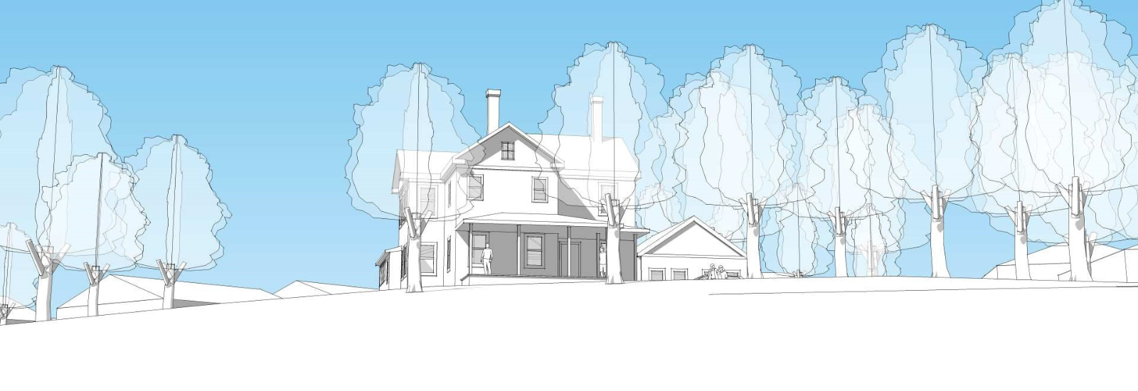 Graphic depicting house and illustrated trees