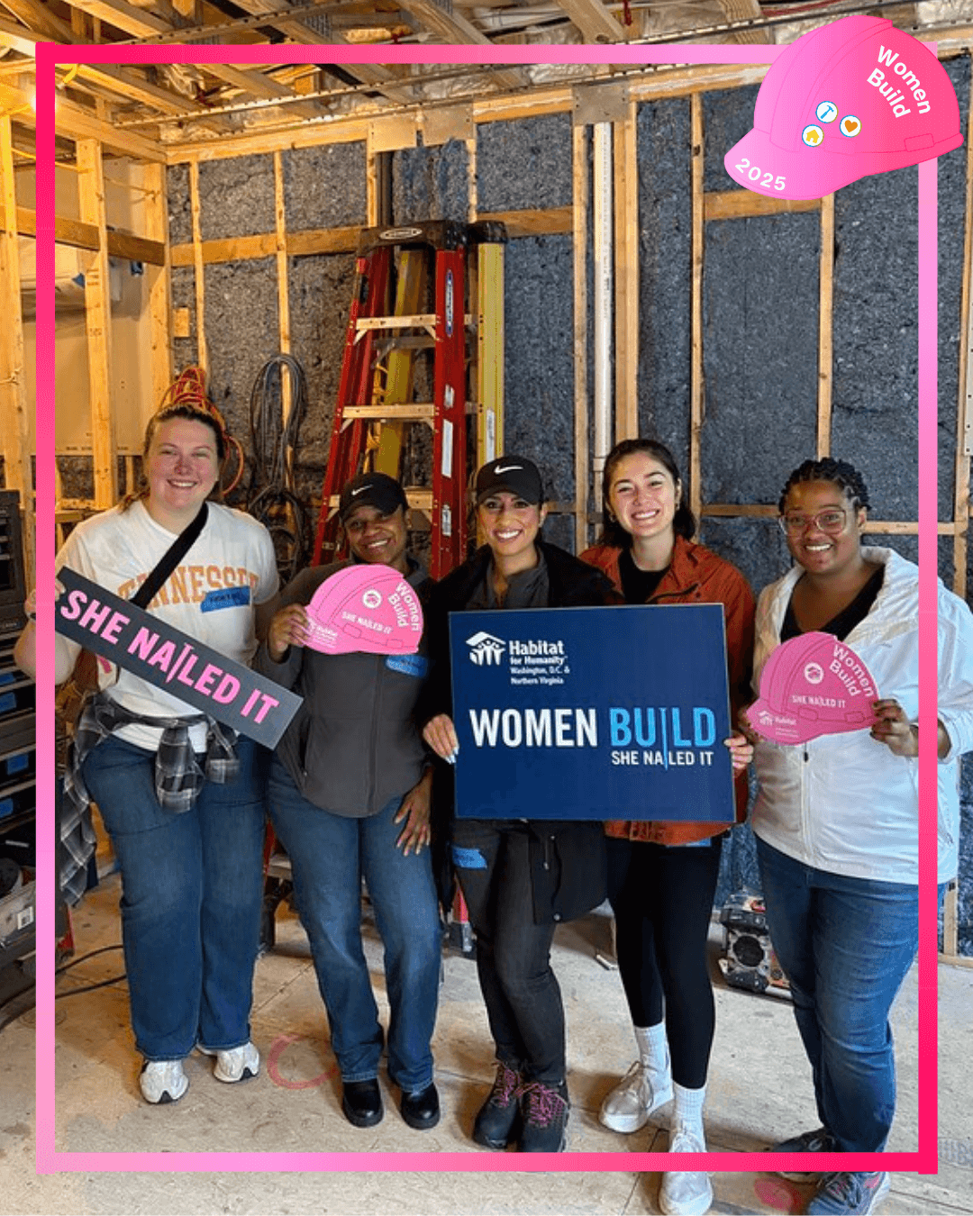 women holding signs related to women build campaign
